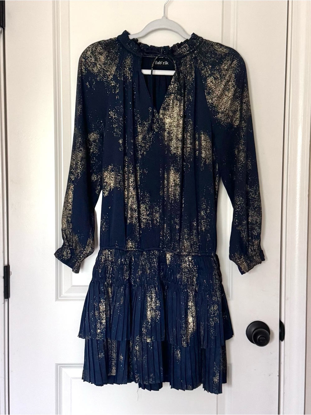fab'rik Navy Dress with Gold Metallic Splatter Long Sleeve Tiered Skirt